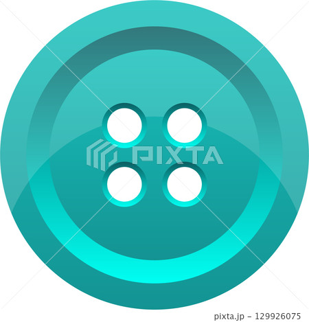 A glossy, round, turquoise button with four holes sits against a dark background. Simple design. A glossy, round, turquoise button with four holes sits against a dark background. Simple design. 129926075