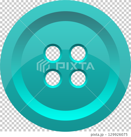 A glossy, round, turquoise button with four holes sits against a dark background. Simple design. A glossy, round, turquoise button with four holes sits against a dark background. Simple design. 129926075