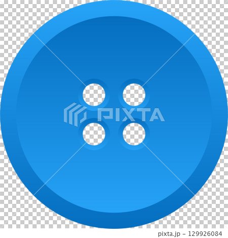 A vibrant blue button with four holes, isolated on a black background, sewing accessory. 129926084