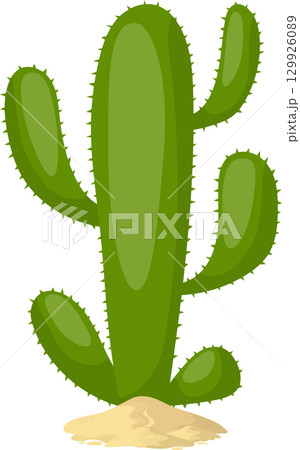Illustration of a green spiky cactus standing on a sandy patch against a black background. Illustration of a green spiky cactus standing on a sandy patch against a black background. 129926089