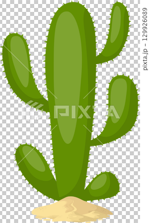 Illustration of a green spiky cactus standing on a sandy patch against a black background. Illustration of a green spiky cactus standing on a sandy patch against a black background. 129926089