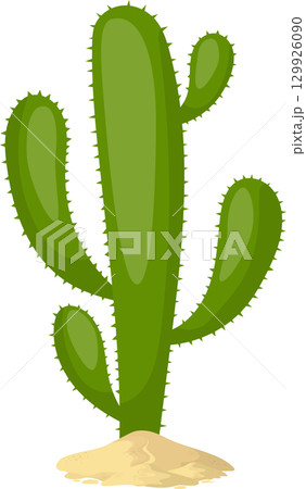 Green cartoon cactus with spines, set against a black background, placed in a pile of sand. Green cartoon cactus with spines, set against a black background, placed in a pile of sand. 129926090