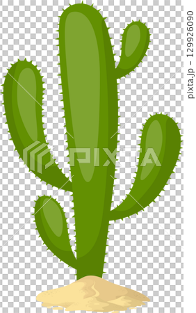 Green cartoon cactus with spines, set against a black background, placed in a pile of sand. 129926090
