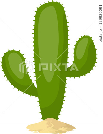 A cartoon cactus standing in a pile of sand on a black background, plant life in arid climate. 129926091