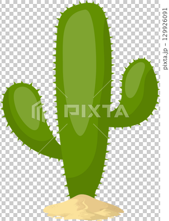 A cartoon cactus standing in a pile of sand on a black background, plant life in arid climate. 129926091