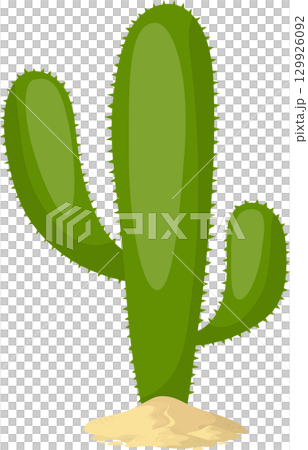 A vibrant green cartoon cactus stands tall on a patch of sand against a stark black backdrop. 129926092