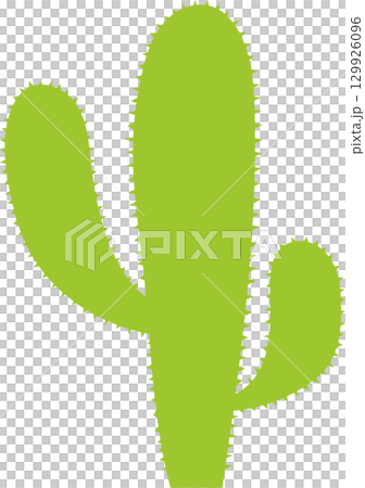 Illustration of a cartoon cactus in a bright green color on a solid black background. 129926096