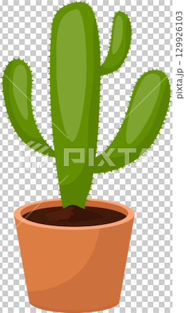 A cartoon cactus with many prickly spikes sits in a brown pot filled with brown soil. 129926103