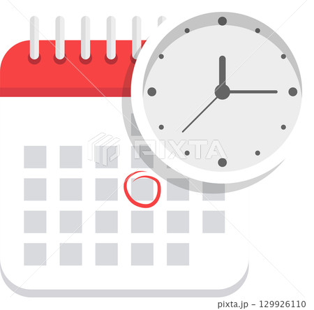 Calendar date marked with a circle, reminding of an important appointment, with a clock. 129926110