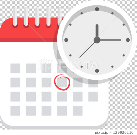 Calendar date marked with a circle, reminding of an important appointment, with a clock. 129926110
