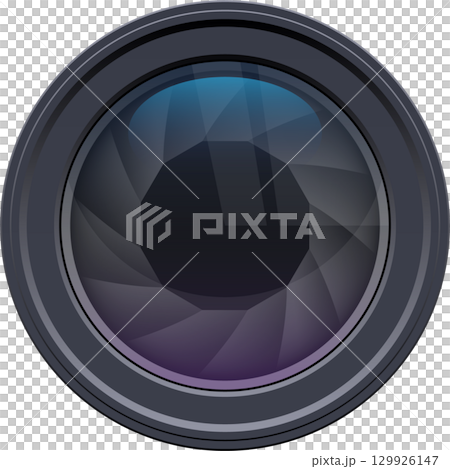 A stylized illustration of a camera lens with a visible aperture and a glossy, layered design. A stylized illustration of a camera lens with a visible aperture and a glossy, layered design. 129926147