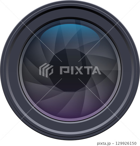Close-up of a camera lens with an adjustable aperture, reflecting blue and purple hues. Close-up of a camera lens with an adjustable aperture, reflecting blue and purple hues. 129926150