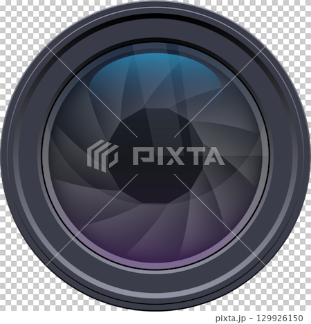 Close-up of a camera lens with an adjustable aperture, reflecting blue and purple hues. Close-up of a camera lens with an adjustable aperture, reflecting blue and purple hues. 129926150