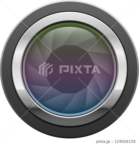 Silver-rimmed lens displaying a colorful geometric iris with a blurred, gradient appearance. 129926158