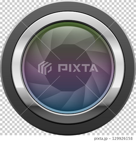 Silver-rimmed lens displaying a colorful geometric iris with a blurred, gradient appearance. 129926158