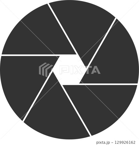 A graphic illustration of an iris diaphragm, often used in camera lenses, in dark gray color. 129926162