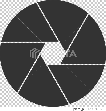 A graphic illustration of an iris diaphragm, often used in camera lenses, in dark gray color. 129926162