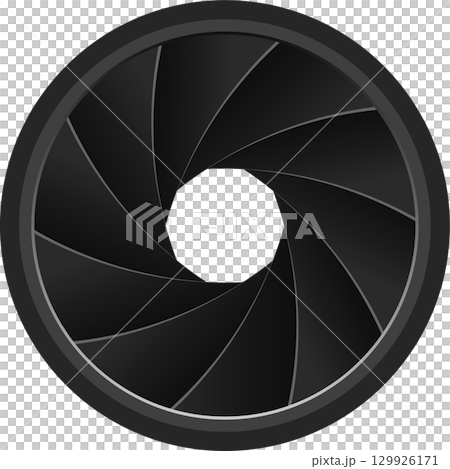 A stylized circular iris, comprised of interlocking dark blades, surrounded by a gray rim. 129926171