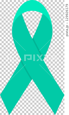 Teal ribbon symbol against a solid black background, representing a cause or awareness movement. 129926179