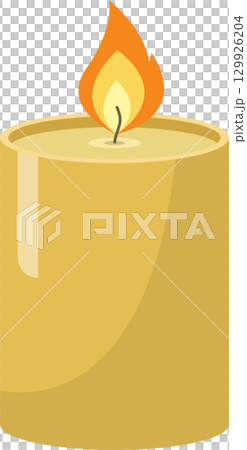 Illustration of a cylindrical yellow candle with a bright flame atop against a black background 129926204