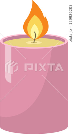 A pink cylindrical candle with a bright orange flame illuminating the surrounding area above. 129926205