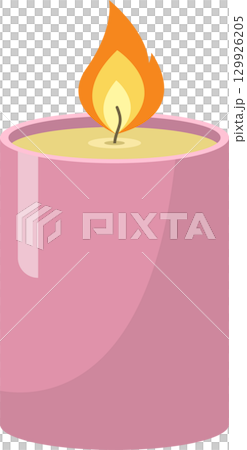 A pink cylindrical candle with a bright orange flame illuminating the surrounding area above. 129926205
