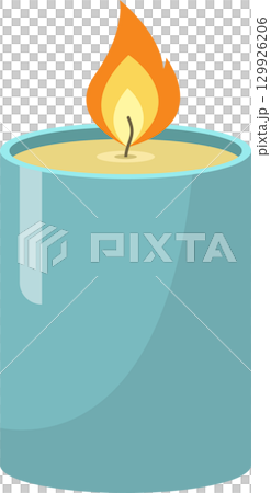 Minimalist illustration of a candle in a blue holder, featuring a bright flame illuminating the scene. 129926206