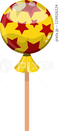 A bright yellow lollipop is covered in red stars and attached to a wooden stick on black. 129926224