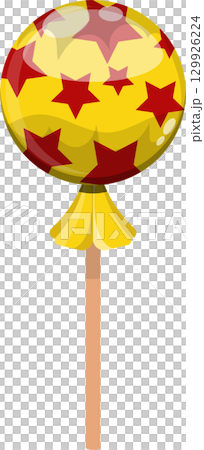 A bright yellow lollipop is covered in red stars and attached to a wooden stick on black. 129926224
