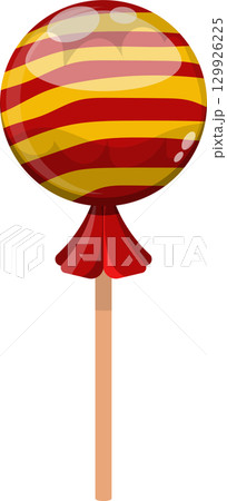 A whimsical cartoon lollipop with red and yellow stripes on a stick against a black background. 129926225