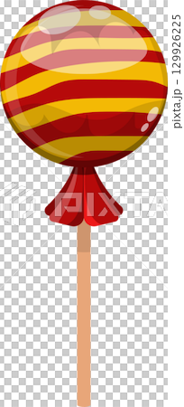 A whimsical cartoon lollipop with red and yellow stripes on a stick against a black background. 129926225