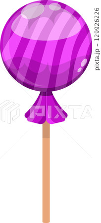 Whimsical purple lollipop with swirling stripes, perched atop a simple wooden stick. Sweet treat. Whimsical purple lollipop with swirling stripes, perched atop a simple wooden stick. Sweet treat. 129926226