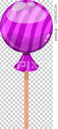 Whimsical purple lollipop with swirling stripes, perched atop a simple wooden stick. Sweet treat. Whimsical purple lollipop with swirling stripes, perched atop a simple wooden stick. Sweet treat. 129926226