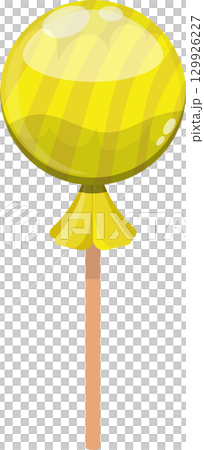 A delightful yellow lollipop with a rounded head and brown stick against a stark black background. A delightful yellow lollipop with a rounded head and brown stick against a stark black background. 129926227
