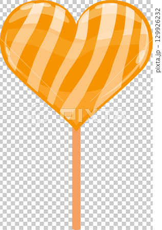 A delightful orange heart-shaped lollipop with diagonal stripe patterns against a black background. A delightful orange heart-shaped lollipop with diagonal stripe patterns against a black background. 129926232