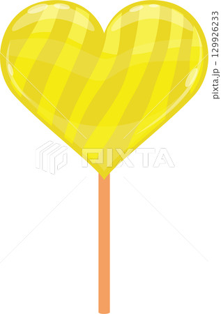A heart-shaped lollipop with yellow and light yellow stripes isolated on black background. A heart-shaped lollipop with yellow and light yellow stripes isolated on black background. 129926233