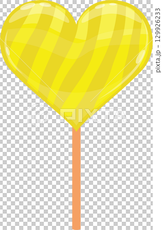 A heart-shaped lollipop with yellow and light yellow stripes isolated on black background. A heart-shaped lollipop with yellow and light yellow stripes isolated on black background. 129926233