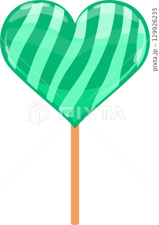 Minty green, heart-shaped lollipop with diagonal stripes, against a stark black background. Minty green, heart-shaped lollipop with diagonal stripes, against a stark black background. 129926235