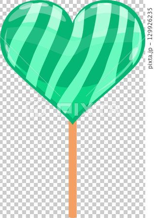 Minty green, heart-shaped lollipop with diagonal stripes, against a stark black background. Minty green, heart-shaped lollipop with diagonal stripes, against a stark black background. 129926235