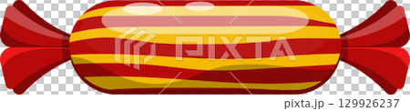 Wrapped candy with red wrappers and yellow stripes. An icon for sweetness, treat, or dessert. Wrapped candy with red wrappers and yellow stripes. An icon for sweetness, treat, or dessert. 129926237