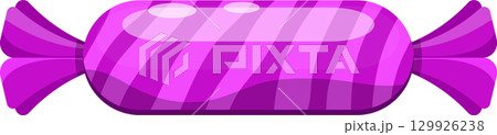 A purple wrapped candy with stripes, sealed at each end, glistening with a shiny surface. A purple wrapped candy with stripes, sealed at each end, glistening with a shiny surface. 129926238