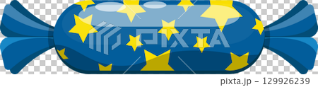 A wrapped candy is blue, adorned with yellow stars and a glossy finish, perfect for snacking. A wrapped candy is blue, adorned with yellow stars and a glossy finish, perfect for snacking. 129926239
