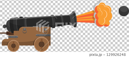 A cannon fires a cannonball with orange smoke and a fiery blast against a black backdrop. 129926248