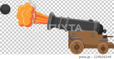 Cartoon cannon firing a cannonball with smoke and fire. The cannon is set against black space. Cartoon cannon firing a cannonball with smoke and fire. The cannon is set against black space. 129926249