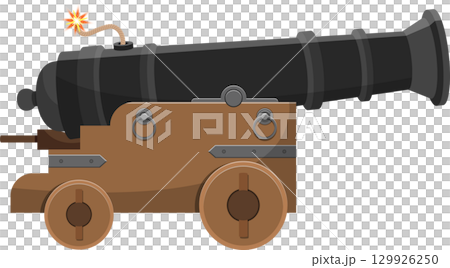 Animated cannon with a lit fuse, ready to fire a projectile. Classic artillery weapon design. 129926250