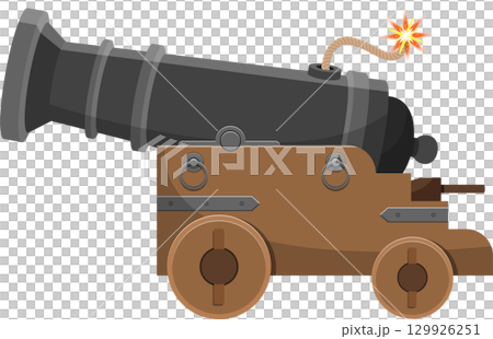 A cartoon-style artillery cannon with lit fuse, poised to fire a projectile towards a target. 129926251