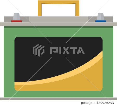 Vector graphic illustration of a green battery featuring positive and negative terminals. 129926253