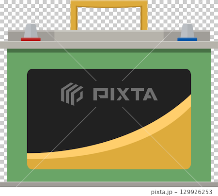 Vector graphic illustration of a green battery featuring positive and negative terminals. 129926253