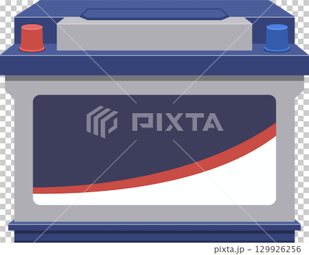 Illustration of a blue and grey battery with red and blue terminals on a black background. 129926256