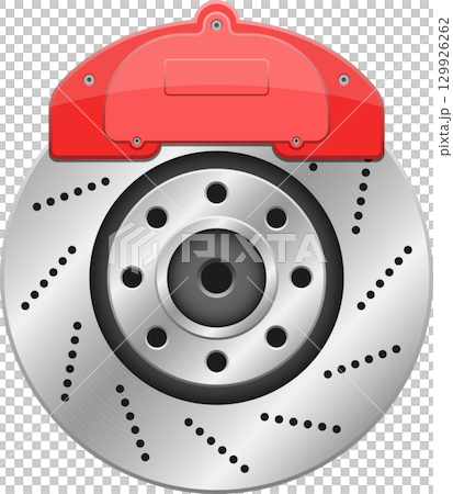 Precision-engineered disc brake with a vibrant red caliper for superior stopping power and safety. Precision-engineered disc brake with a vibrant red caliper for superior stopping power and safety. 129926262